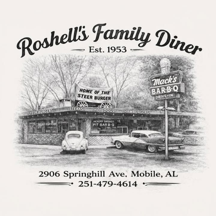 The diner's own pencil drawing: Roshell's Family Diner, Est. 1953, showing the original Mack's Bar-B-Q Drive-In with vintage cars out front