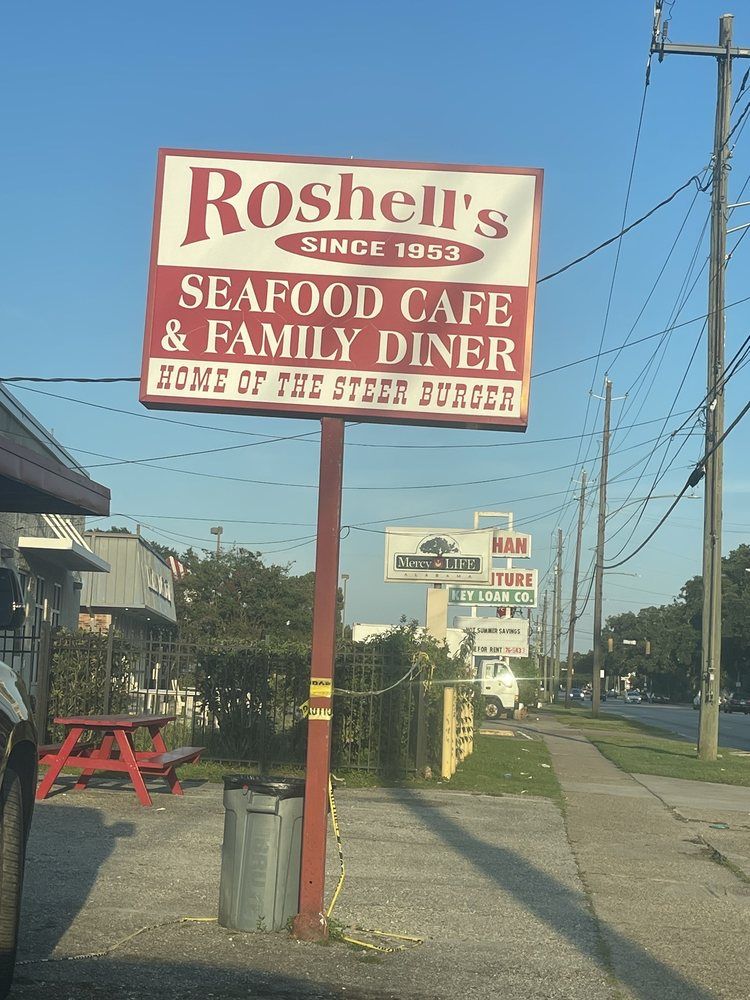 Roshell's roadside sign on Spring Hill Avenue: Since 1953, Seafood Cafe & Family Diner, Home of the Steer Burger